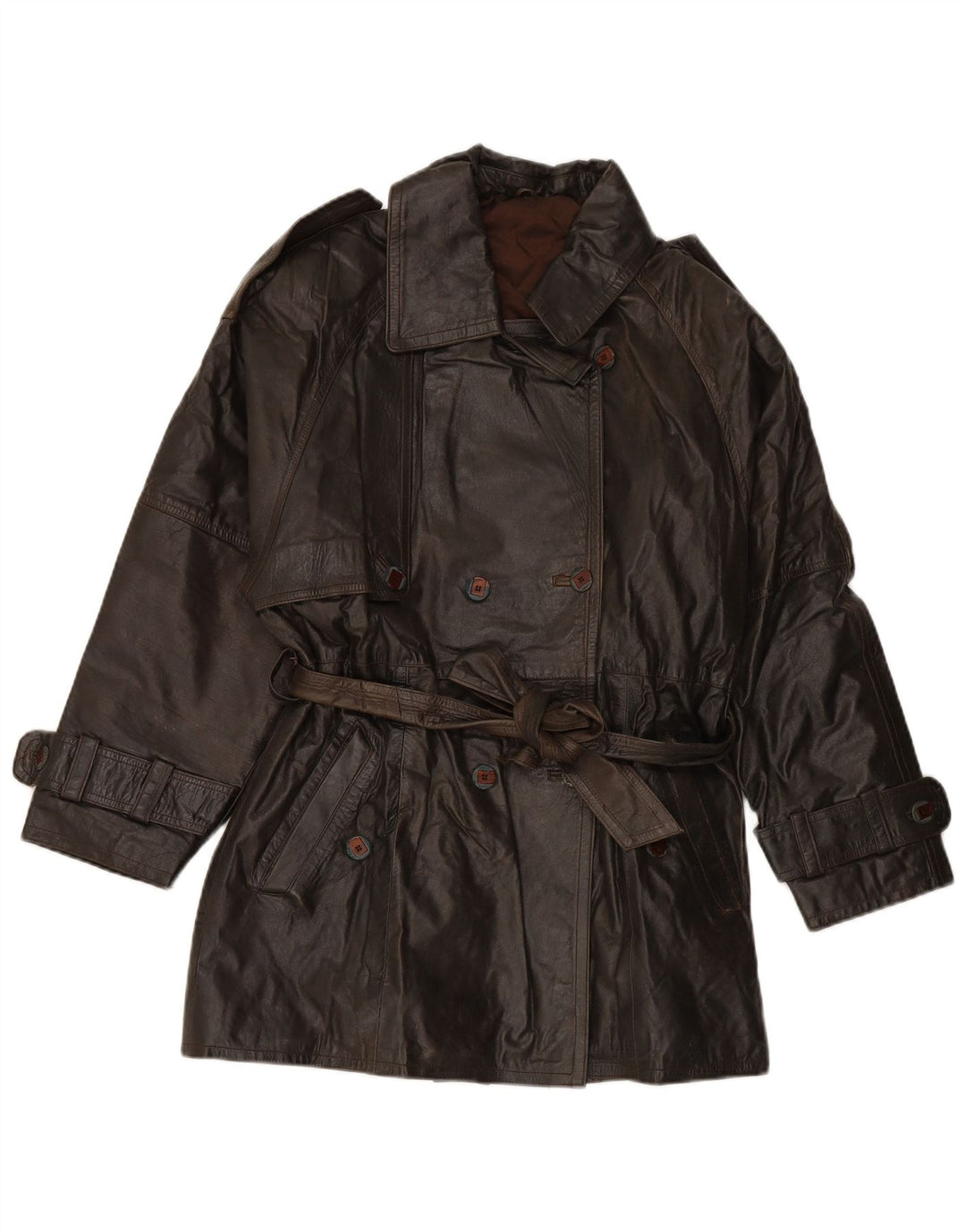VINTAGE damski płaszcz skórzany z podwójnymi piersiami, EU 38, średnio brązowa skóra