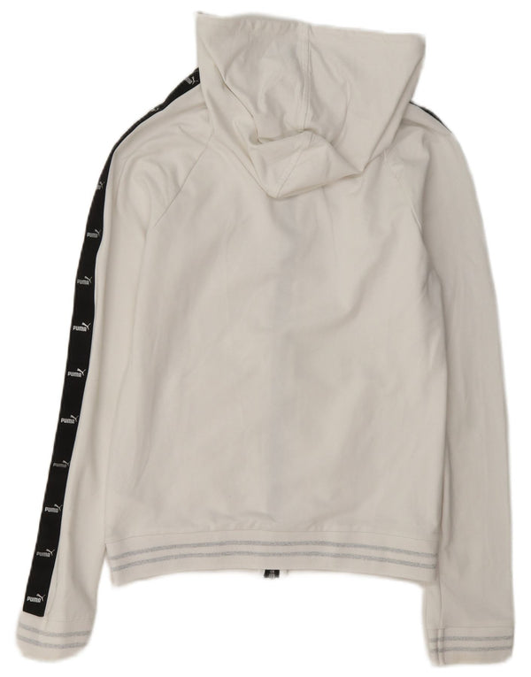 Damski sweter Puma z grafiką i zamkiem błyskawicznym, UK 10, mały, biały, bawełniany z blokami kolorów