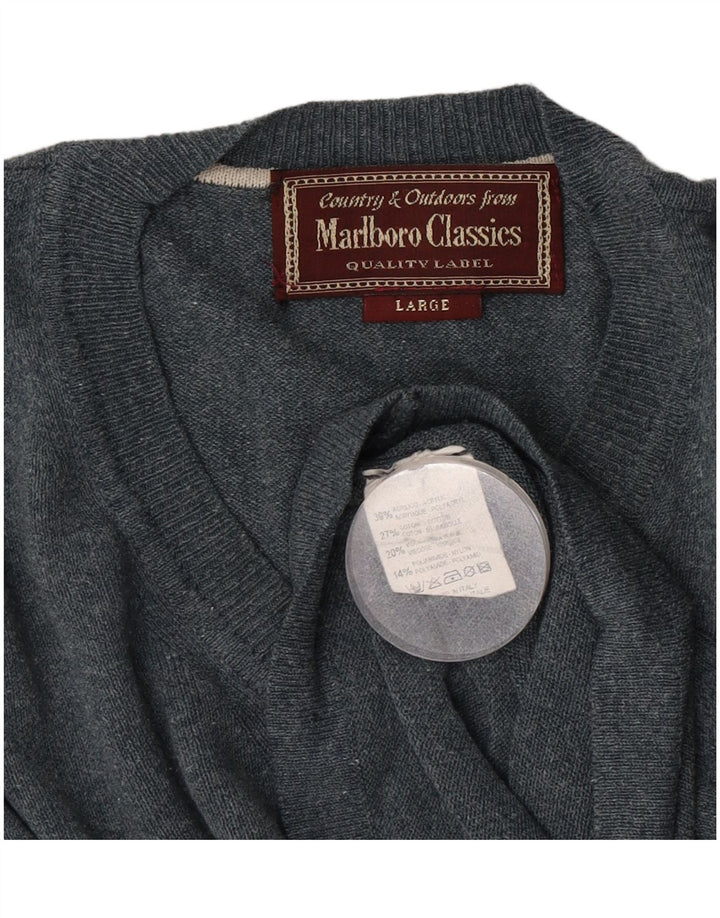 Marlboro Classics Męski sweter z dekoltem w kształcie litery V, duży, szary, nakrapiany akryl