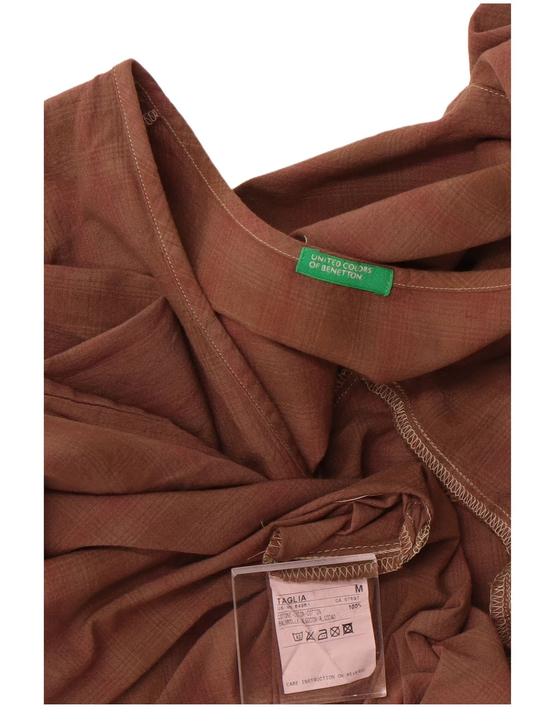 BENETTON Womens 3/4 Sleeve Blouse Top UK 12 Medium Brown Check Cotton