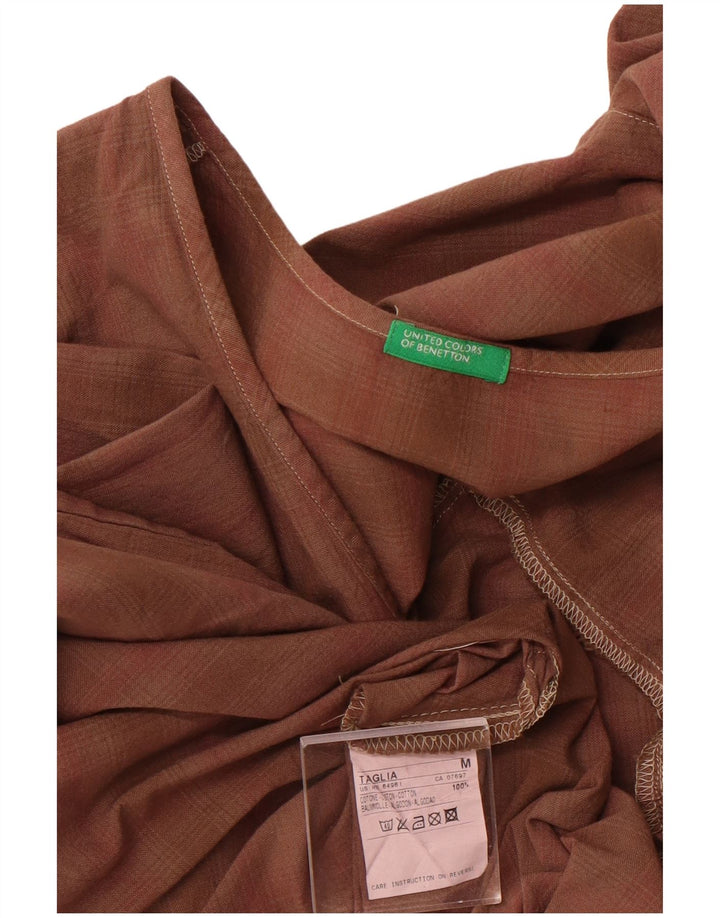 BENETTON Womens 3/4 Sleeve Blouse Top UK 12 Medium Brown Check Cotton