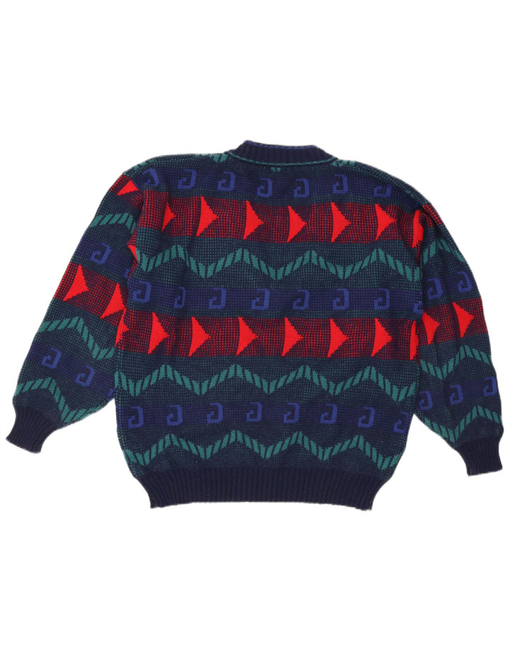VINTAGE Mens V-Neck Jumper Sweater Large Blue Geometric Acrylic
