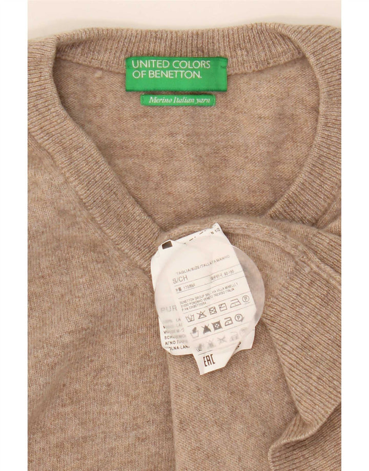 Męski sweter z dekoltem w kształcie litery V, Benetton, mały, beżowy, wełniany