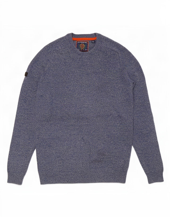 Męski sweter Superdry z okrągłym dekoltem, średni niebieski, nakrapiana wełna jagnięca