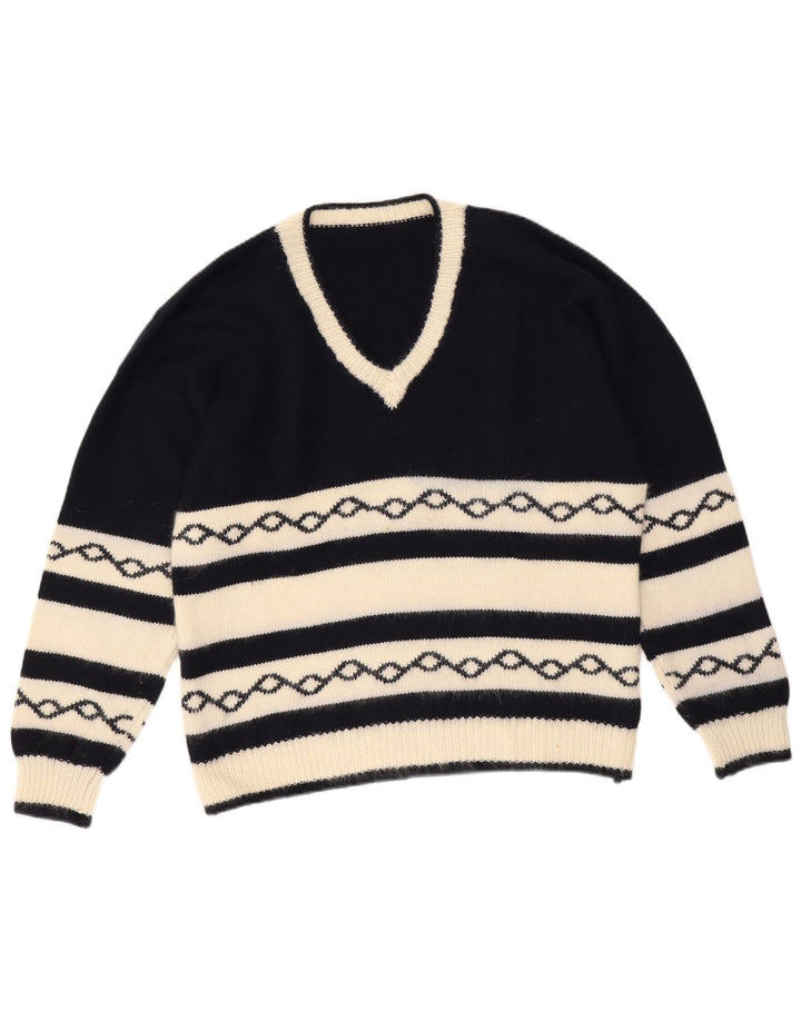 Vintage męski sweter z dekoltem w kształcie litery V, średni granatowy geometryczny
