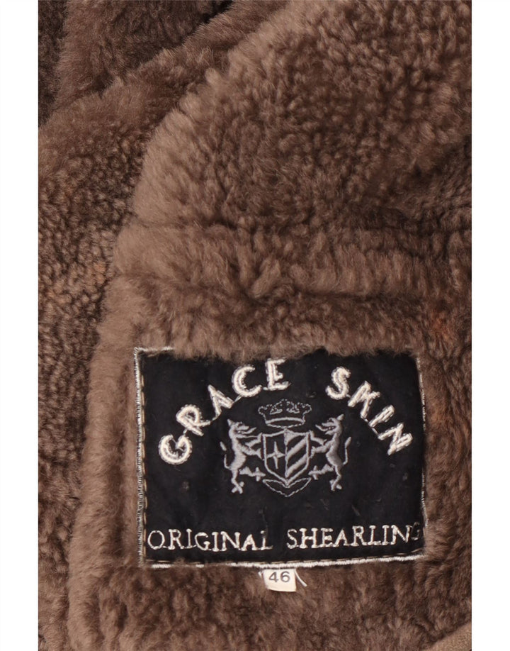 Vintage damski płaszcz oversize z owczej skóry IT 46, duży szary shearling