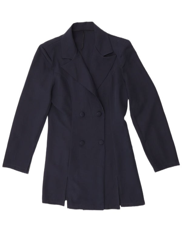 Dwurzędowy płaszcz damski w stylu vintage UK 14, średni granatowy poliester