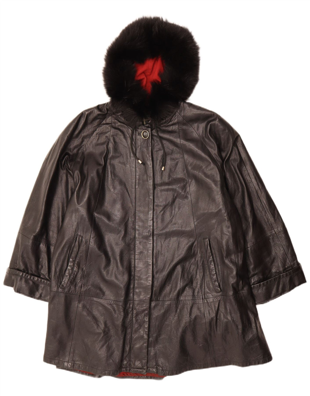 VINTAGE damski płaszcz skórzany z kapturem, oversize IT 42, średnia czarna skóra