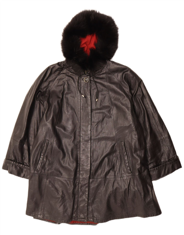 VINTAGE damski płaszcz skórzany z kapturem, oversize IT 42, średnia czarna skóra