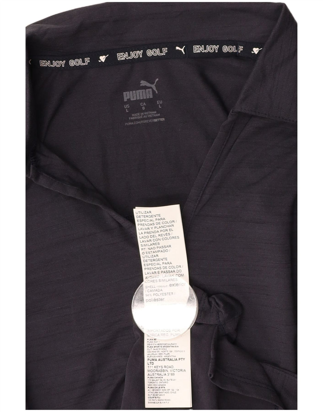 Damska koszulka polo PUMA UK 14, duża, granatowa, nakrapiana, poliester