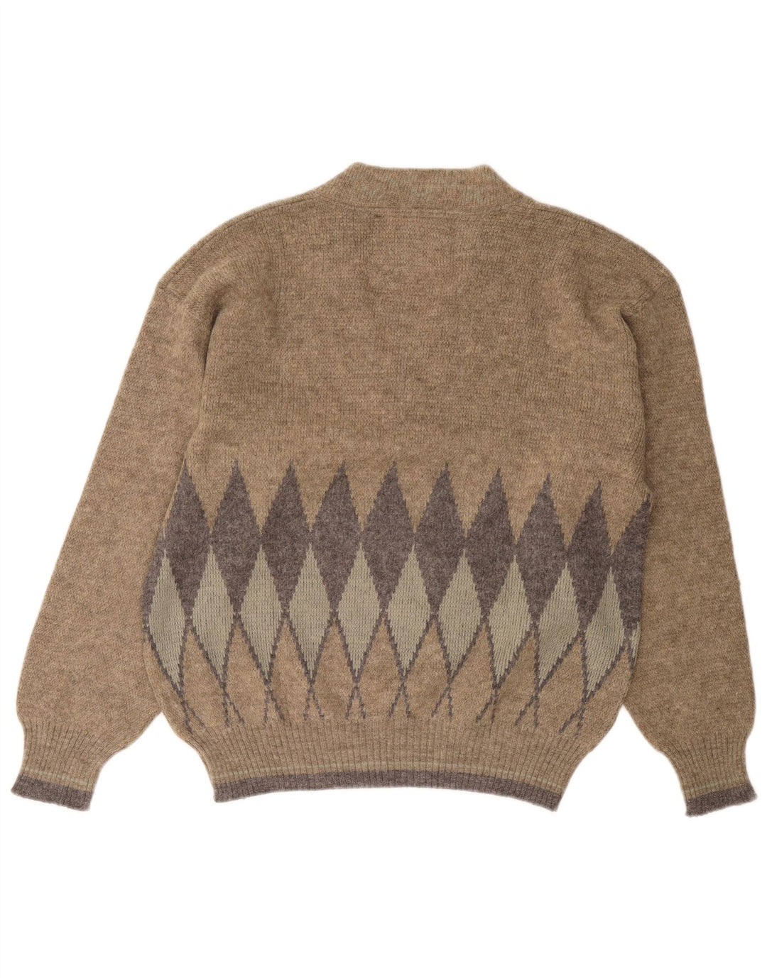 Vintage męski sweter z dekoltem w szpic, duży beżowy Argyle/diament
