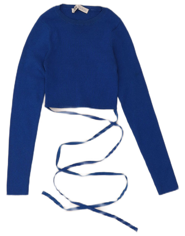 Damski sweter ZARA z dekoltem w łódkę, UK 8 Small, niebieska wiskoza