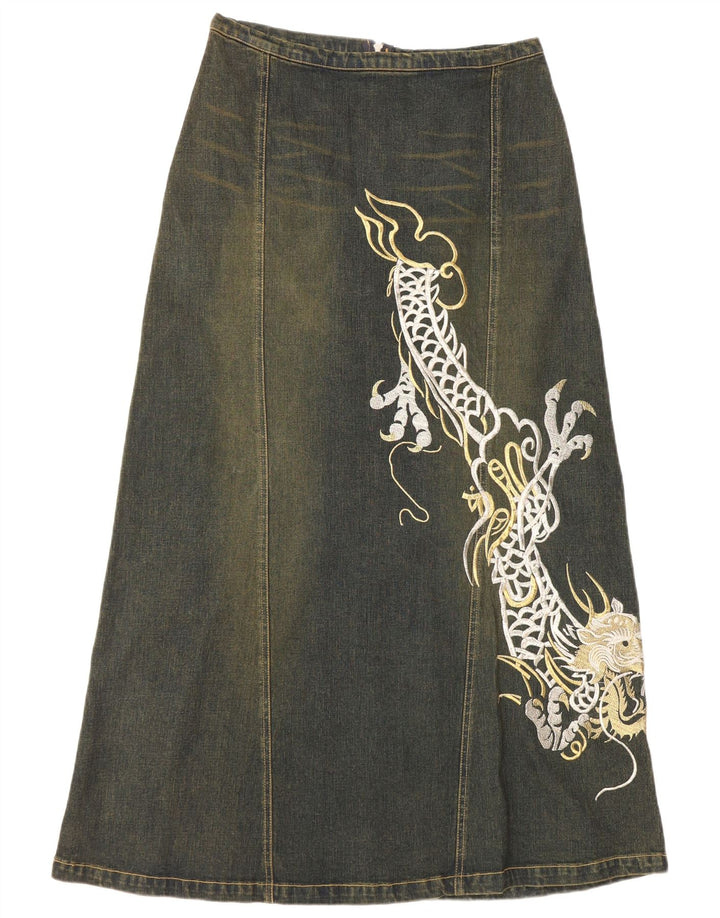 Damska spódnica jeansowa VINTAGE Graphic UK 12 Medium W30 Niebieska bawełna