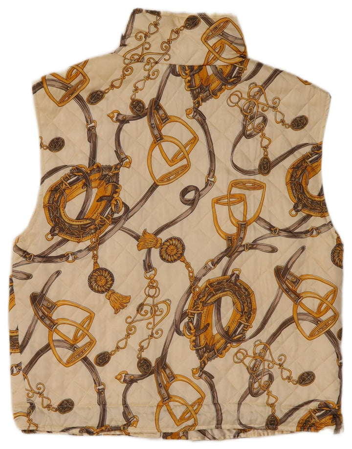 Damska pikowana kamizelka VINTAGE w abstrakcyjny wzór UK 14, duża, złamanego białego jedwabiu