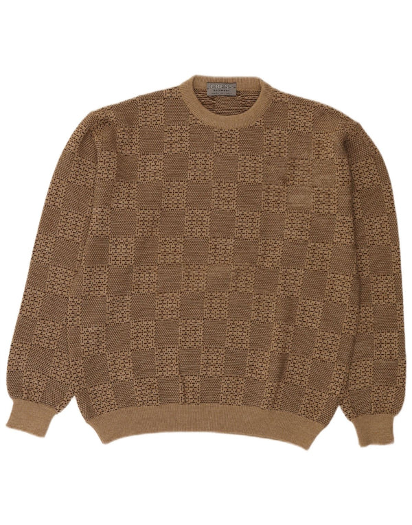 Vintage męski sweter z wycięciem pod szyją, duży, beżowy, geometryczny wełniany