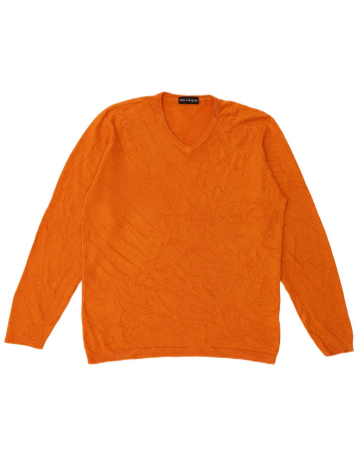 Marks & Spencer Męski sweter z dekoltem w kształcie litery V, z autografem, mały, pomarańczowy, akrylowy