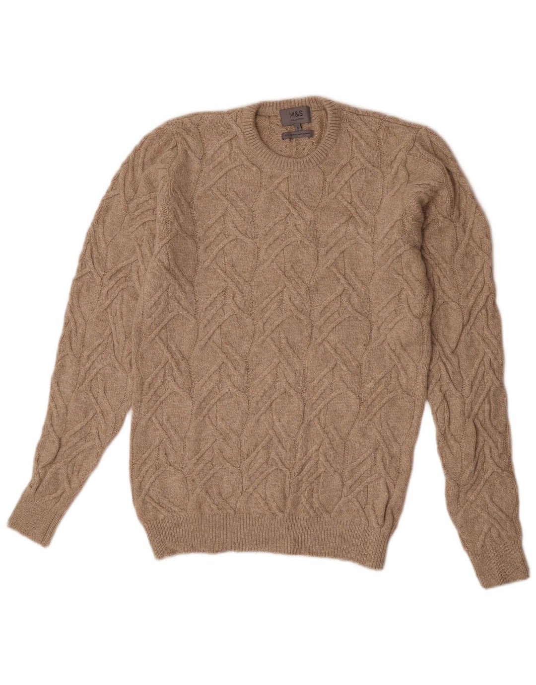 Marks & Spencer Męski sweter z okrągłym dekoltem, mały, beżowy poliamid