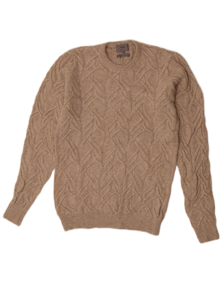 Marks & Spencer Męski sweter z okrągłym dekoltem, mały, beżowy poliamid