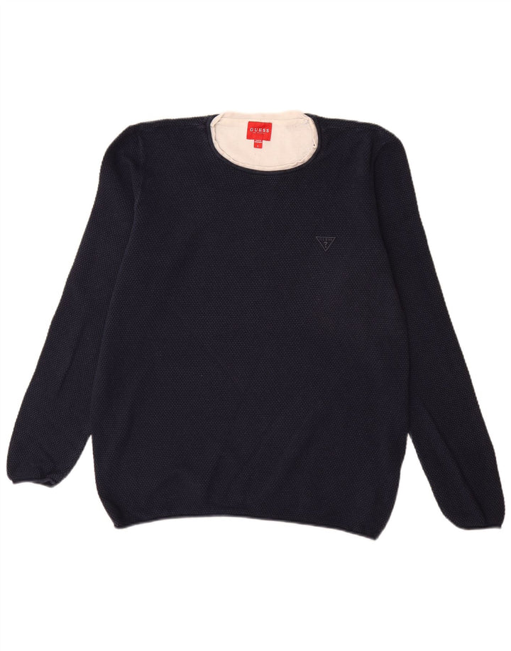 Guess Męski sweter z okrągłym dekoltem, duży, granatowy, bawełniany