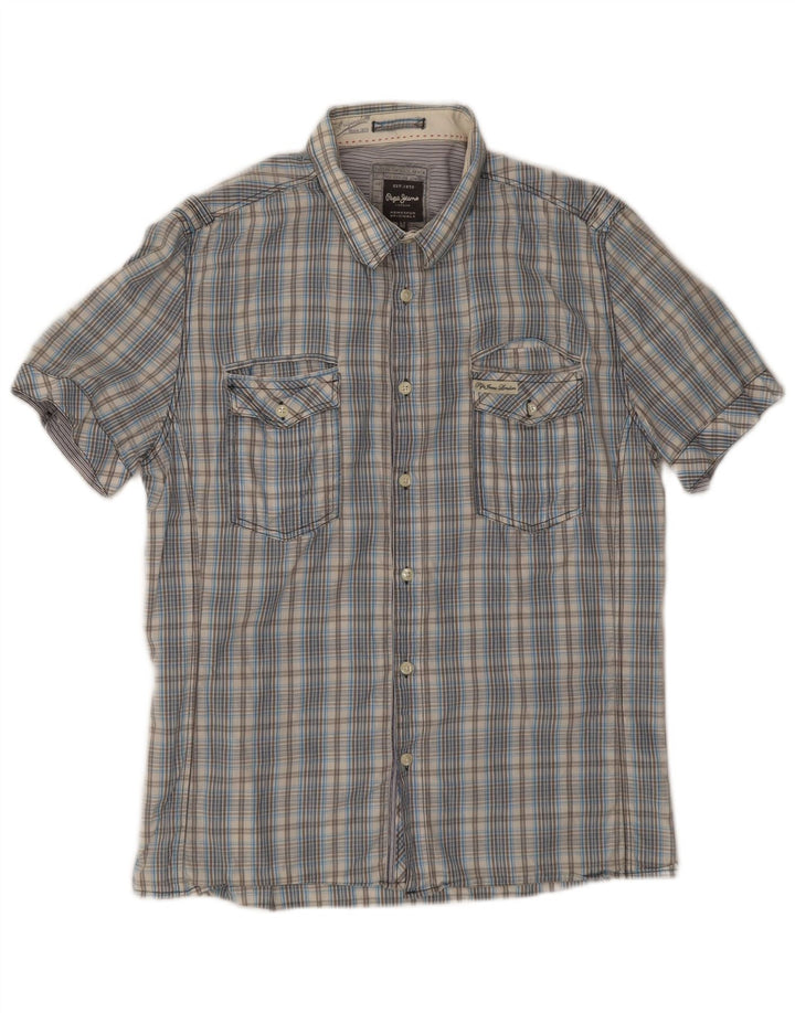 Męska koszula z krótkim rękawem PEPE Jeans Slim Fit, bawełniana w średnią niebieską kratkę