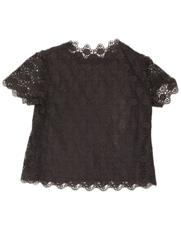 Bluzka damska Vintage Top UK 14, duża czarna w kwiaty
