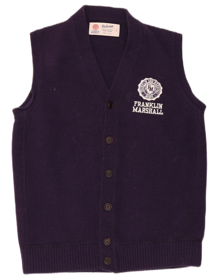 FRANKLIN MARSHALL Mens Sleeveless Cardigan Sweater Large Purple Wool