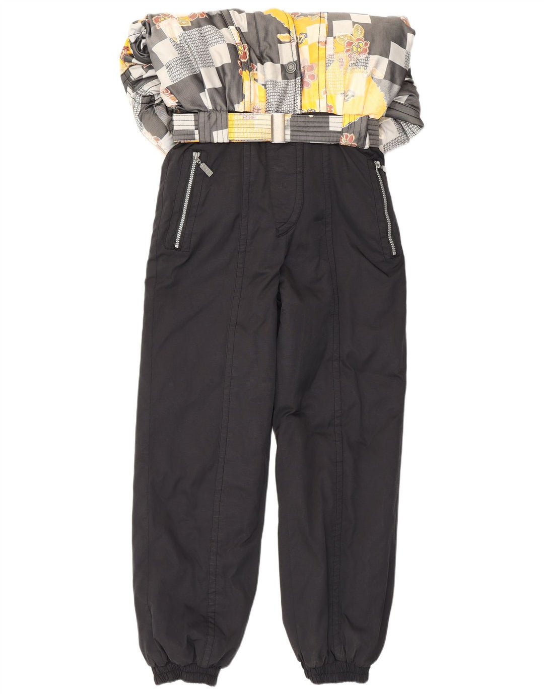 Damski kombinezon narciarski Maier UK 14, duży, czarny, patchworkowy, poliestrowy, retro