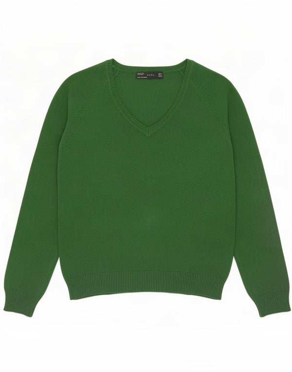 Sweter damski Zara z dekoltem w kształcie litery V, UK 14, duży, zielony, bawełniany