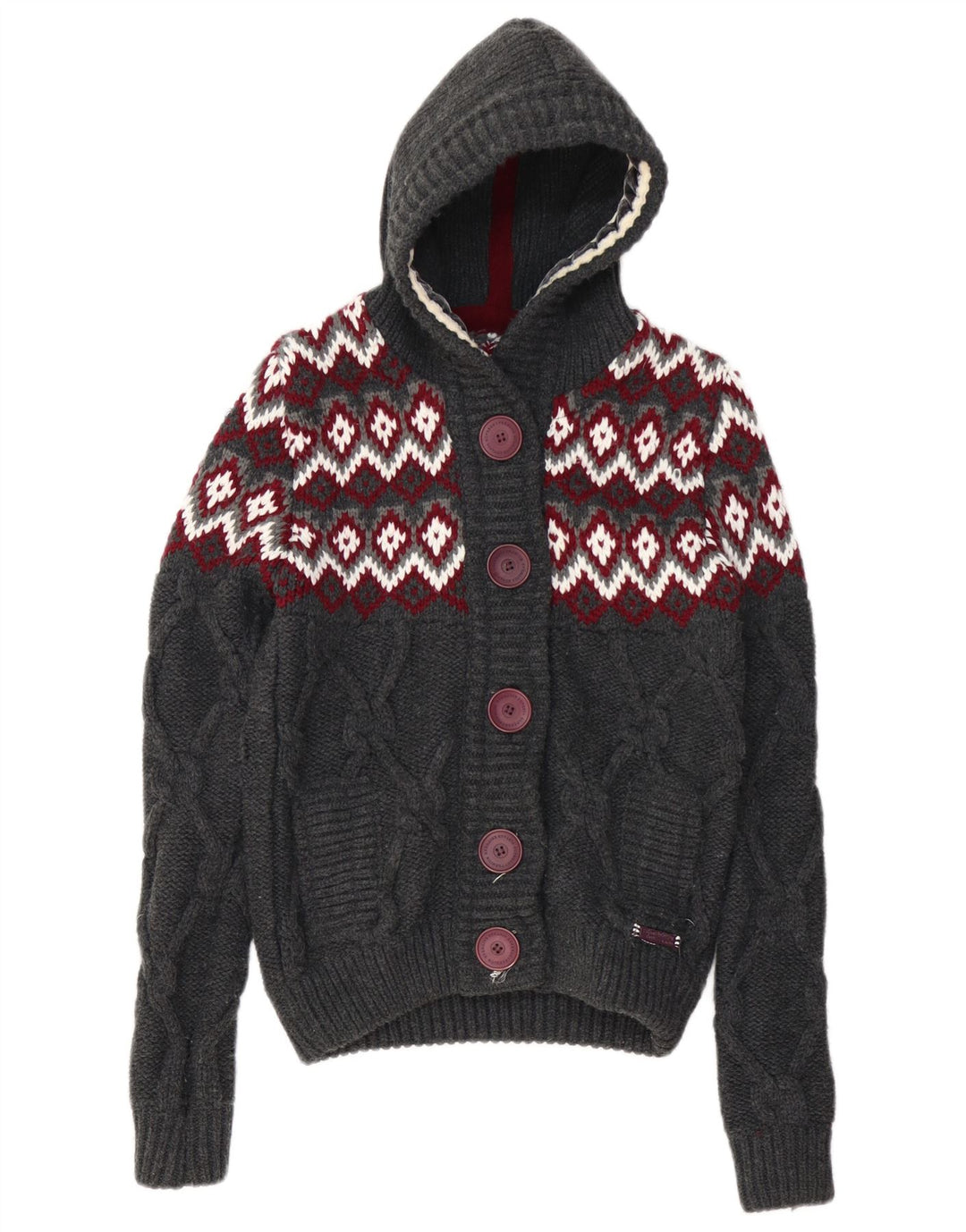 SUPERDRY damski sweter rozpinany z kapturem UK 10 mały szary Fair Isle akryl