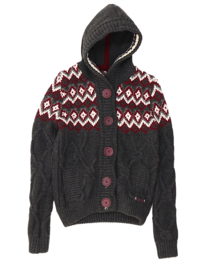 SUPERDRY damski sweter rozpinany z kapturem UK 10 mały szary Fair Isle akryl