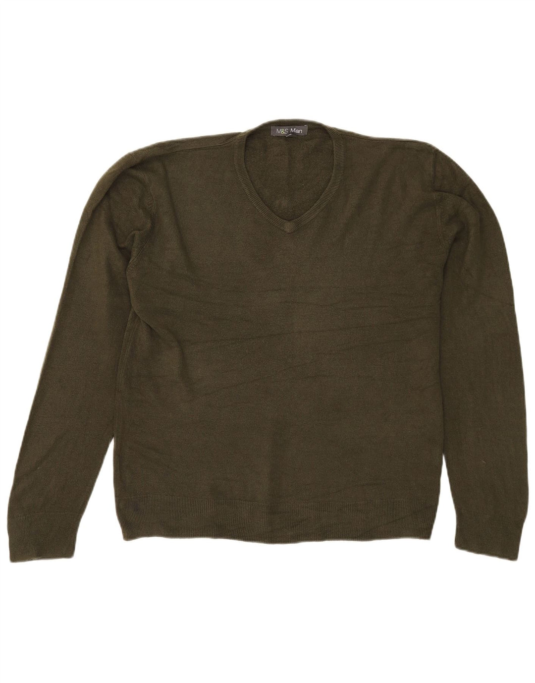 Marks & Spencer Męski sweter z dekoltem w kształcie litery V, duży, akrylowy khaki