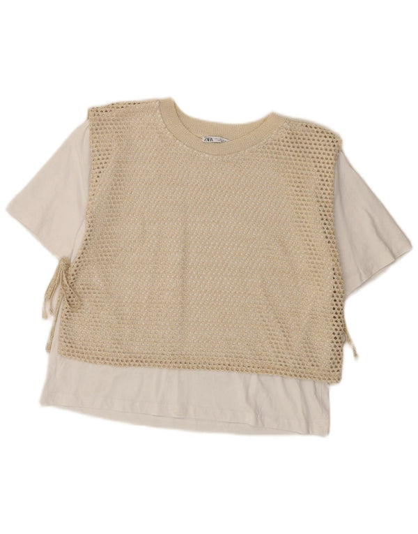 Damski krótki t-shirt Zara UK 14, duży, biały, bawełniany