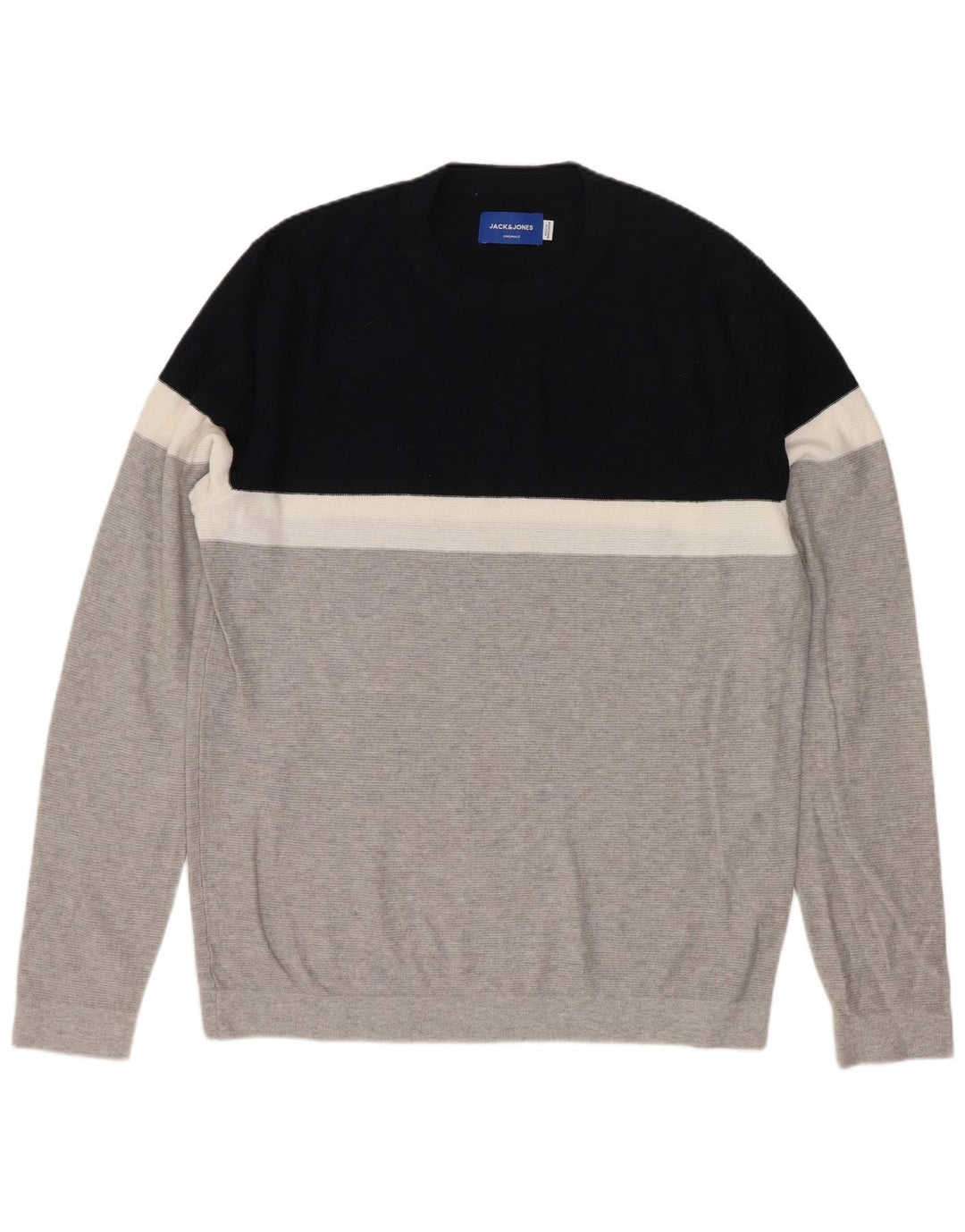 Męski sweter Jack & Jones z okrągłym dekoltem, średnioszary, bawełniany w bloki kolorów
