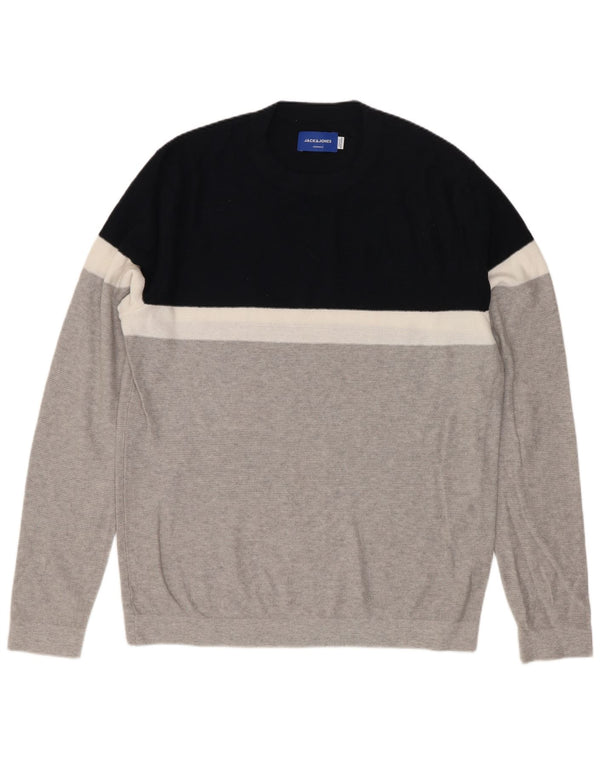 Męski sweter Jack & Jones z okrągłym dekoltem, średnioszary, bawełniany w bloki kolorów