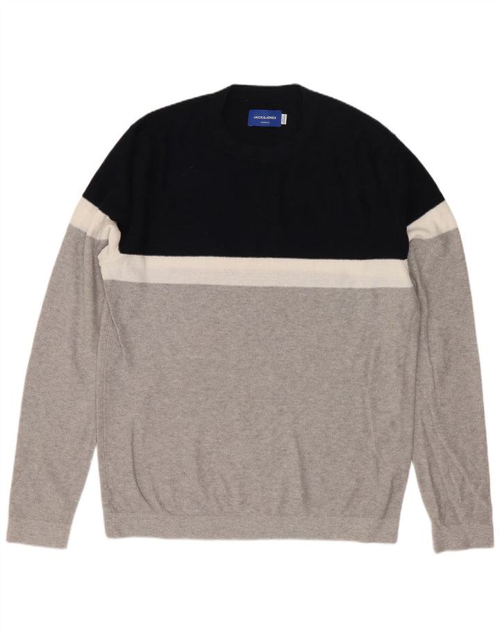 Męski sweter Jack & Jones z okrągłym dekoltem, średnioszary, bawełniany w bloki kolorów