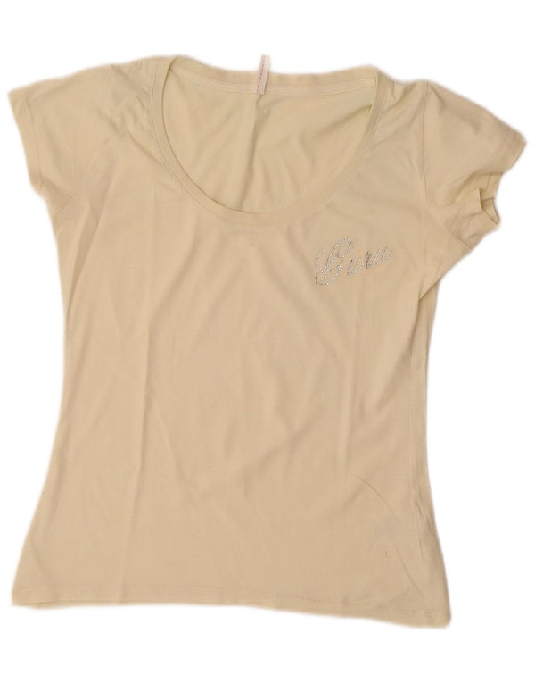 T-shirt damski Guru Top UK 12 Średni złamanej bieli, bawełniany