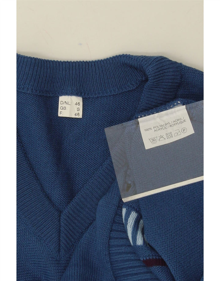 VINTAGE Mens V-Neck Jumper Sweater Small Blue Argyle/Diamond Polyacrylic Vintage Vintage and Second-Hand Vintage from Messina Hembry 