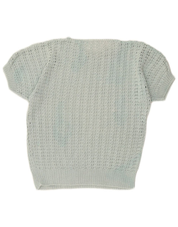 Vintage damski sweter z krótkim rękawem i dekoltem w łódkę UK 12 średni turkus