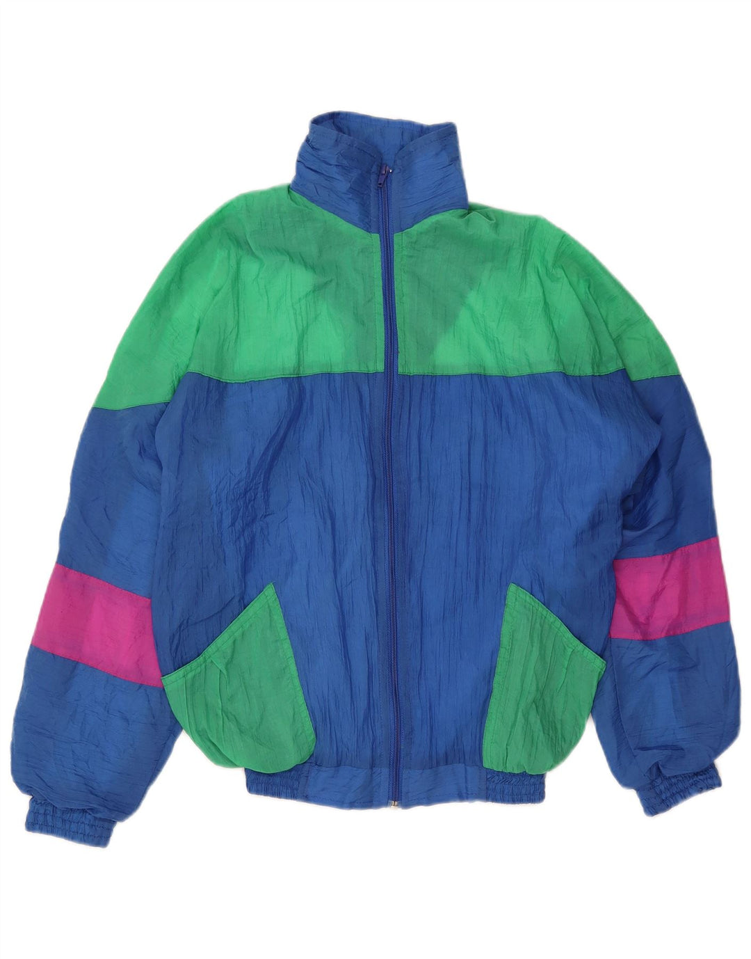 Kurtka męska dresowa w stylu vintage, mała, niebieska, z blokami kolorów, poliuretanowa, retro