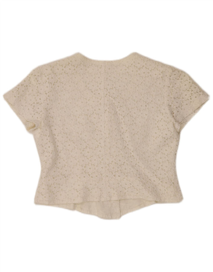 Damska bluzka koszulowa z krótkim rękawem VINTAGE IT 46, duża w kolorze złamanej bieli, w kwiaty