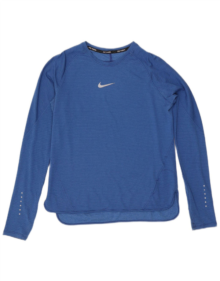 Damska koszulka Nike Dri Fit z długim rękawem, UK 14, duży niebieski poliester w prążki