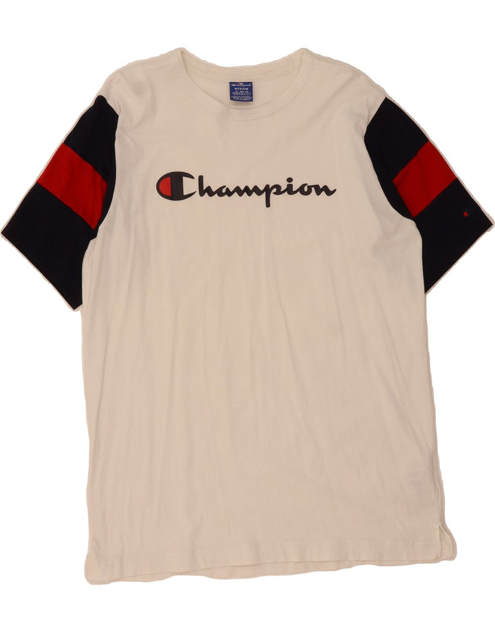 CHAMPION Mens Graphic T-Shirt Top Medium White Colourblock Cotton Vintage Champion and Second-Hand Champion from Messina Hembry 
