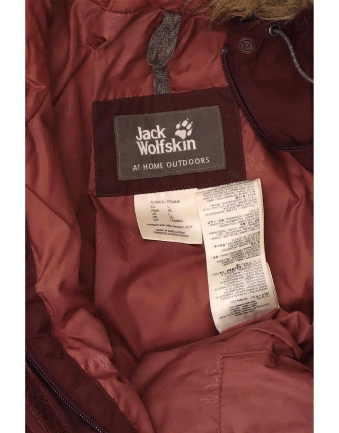 JACK WOLFSKIN Womens Hooded Padded Jacket UK 16 Large Burgundy Polyester