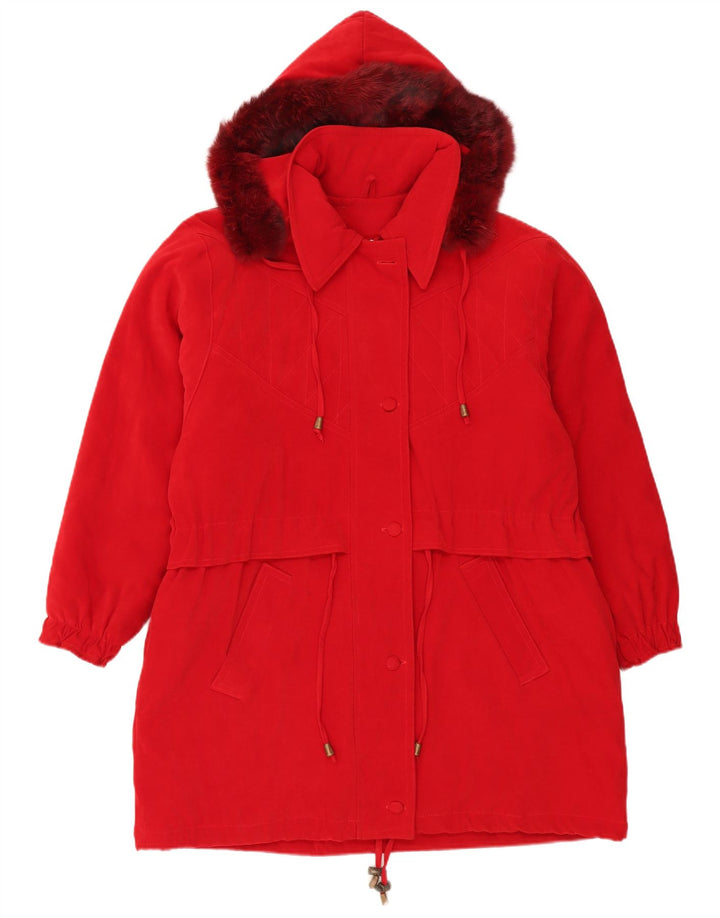 Vintage damska kurtka parka z kapturem, oversize UK 18 XL, czerwony poliester