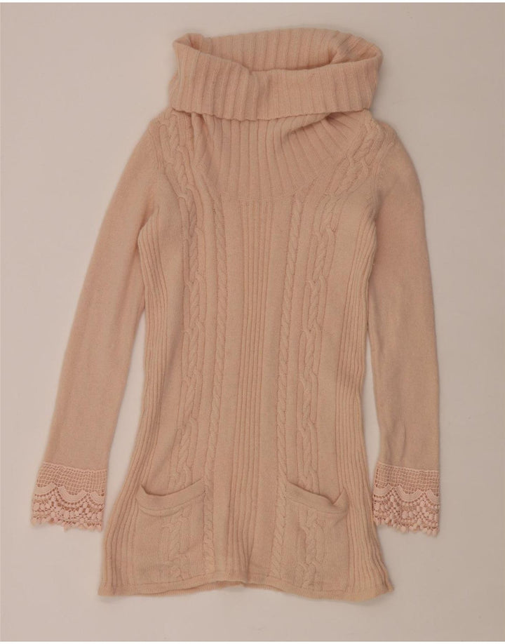 Damski sweter z wywijanym dekoltem Laura Ashley UK 12 Średni różowy owcza wełna