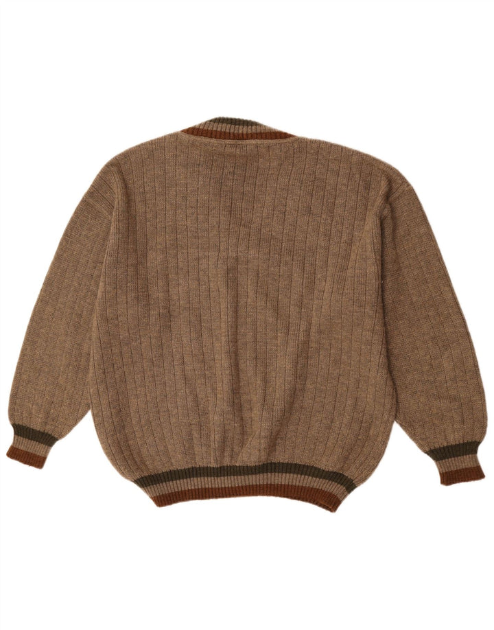 Vintage męski sweter z dekoltem w kształcie litery V, XL, beżowa wełna