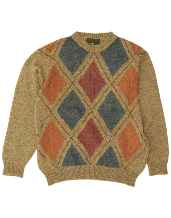 Vintage męski sweter z okrągłym dekoltem, średnio zielony, argyle/diamentowa wełna