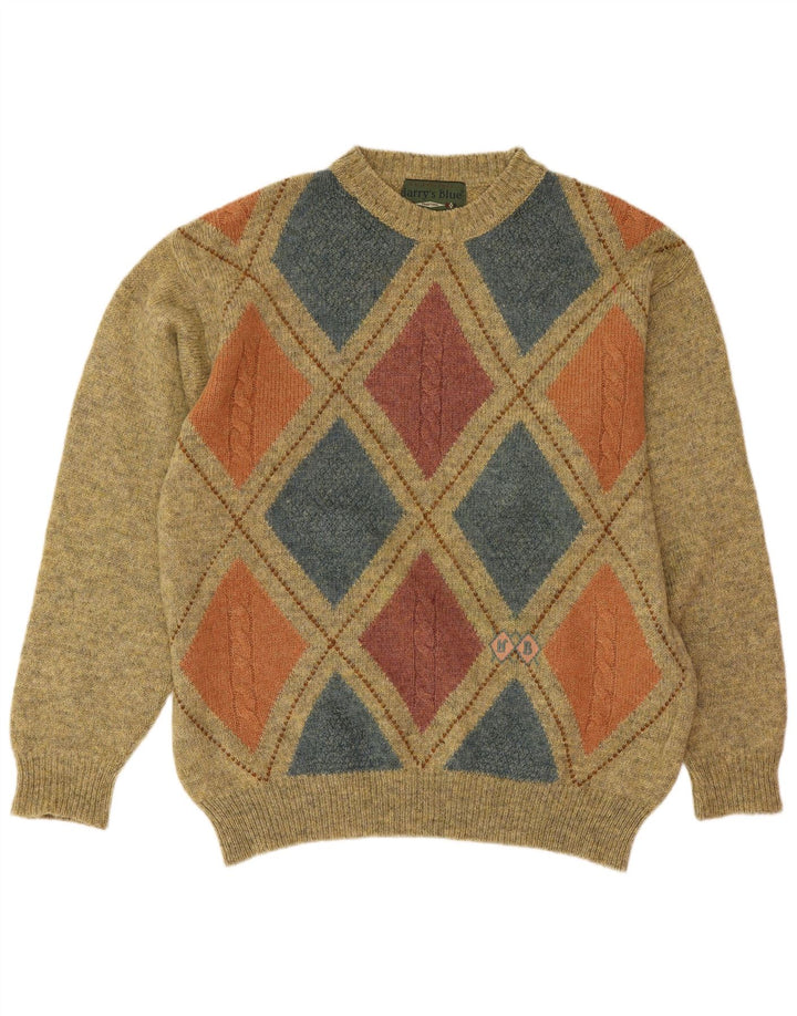 Vintage męski sweter z okrągłym dekoltem, średnio zielony, argyle/diamentowa wełna