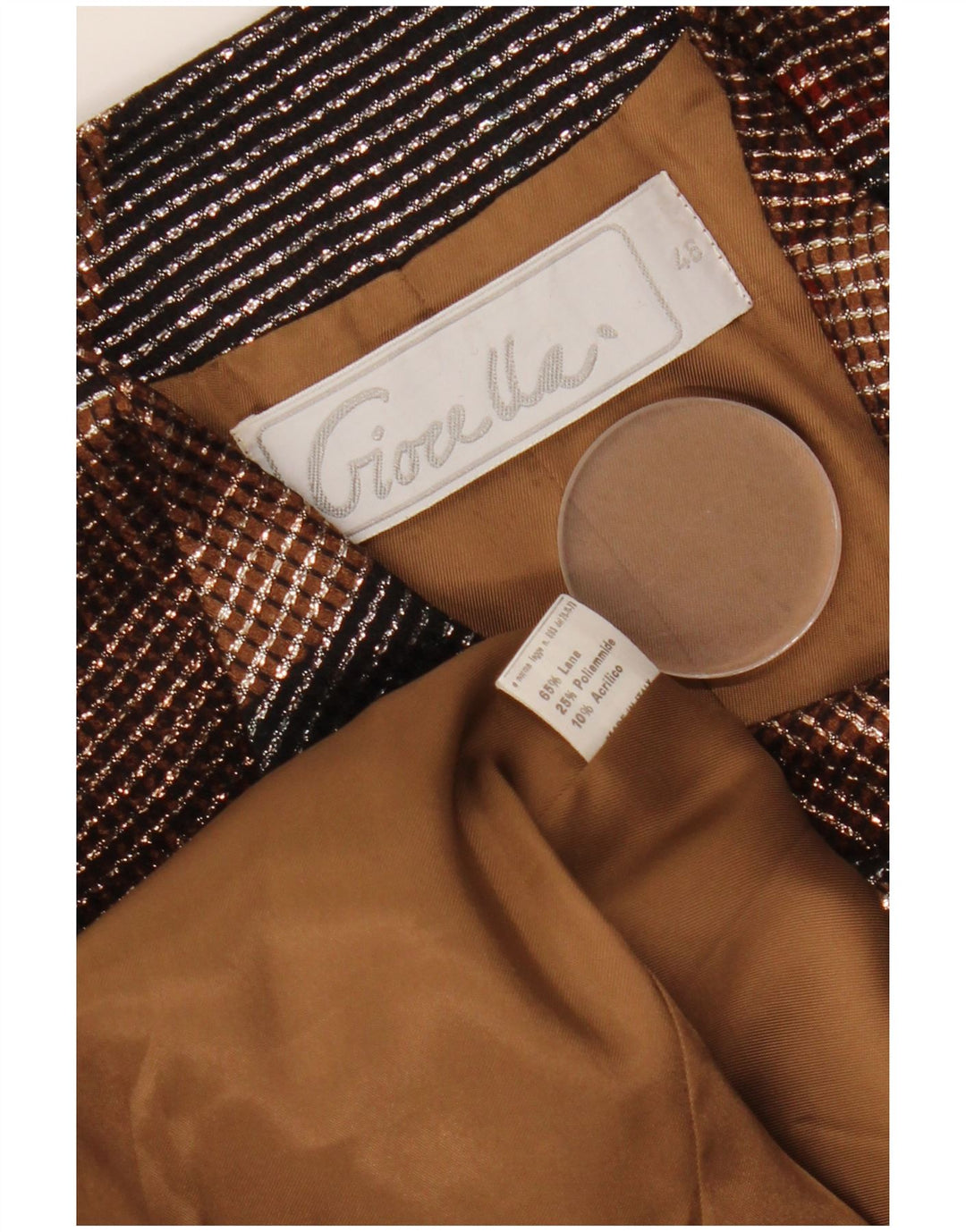 Damska marynarka zapinana na 1 guzik w stylu VINTAGE IT 46, duża, wielokolorowa, geometryczna