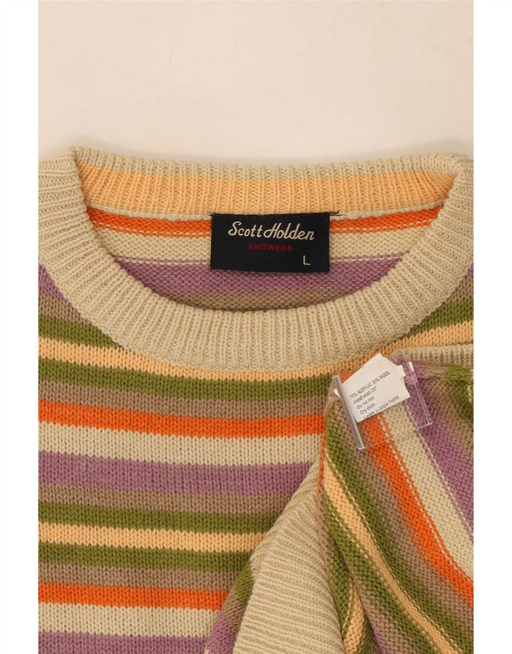 Vintage męski sweter z wycięciem pod szyją, duży, wielokolorowy akryl w paski